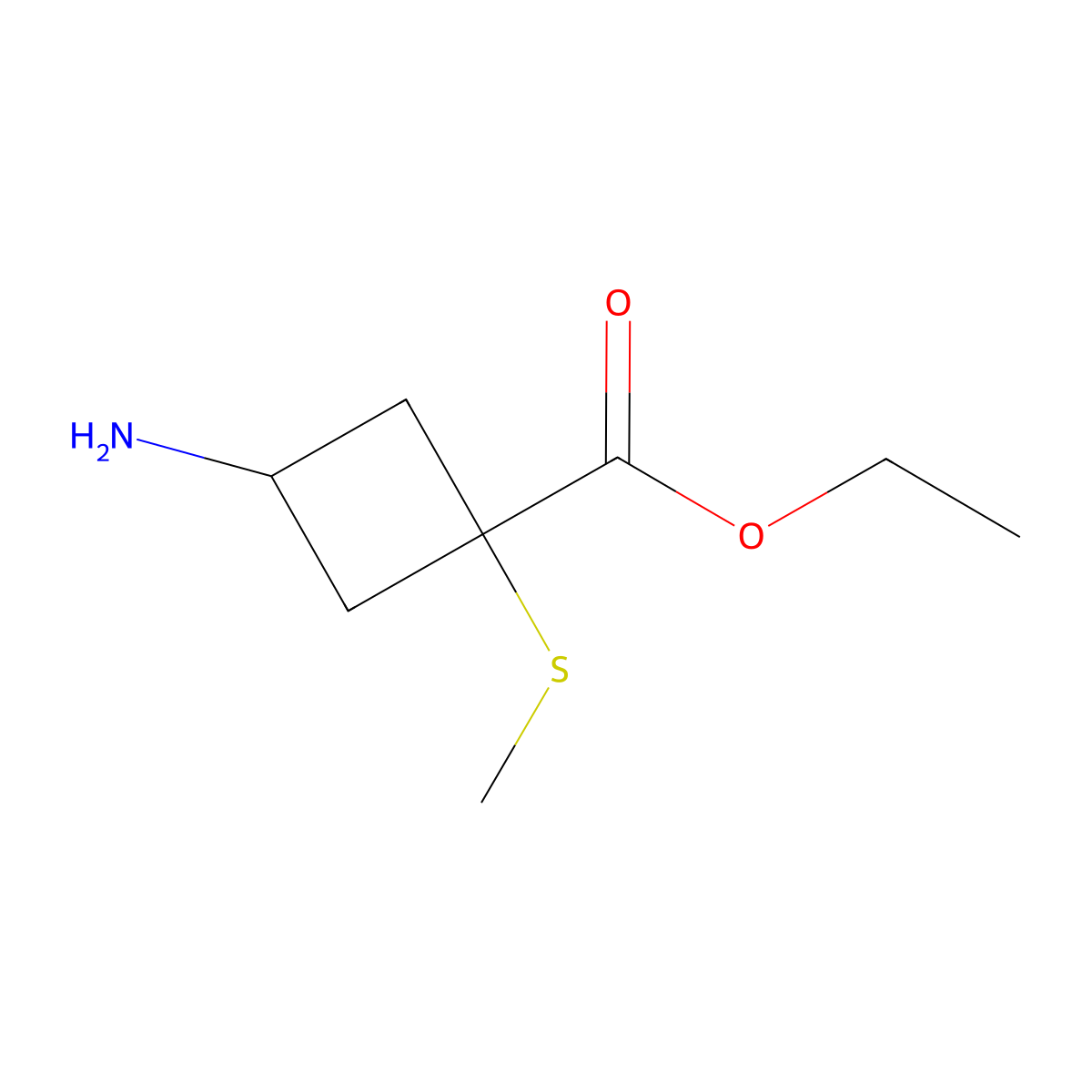 Ethyl 3-amino-1-(methylsulfanyl)cyclobutane-1-carboxylate molecular structure, CAS 2757924-84-6