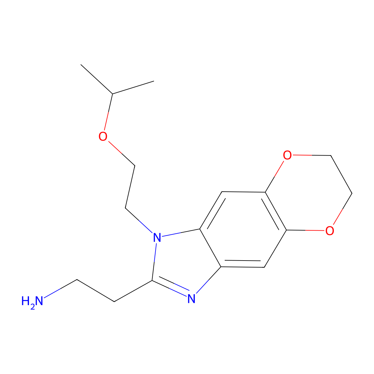 2-{6-[2-(Propan-2-yloxy)ethyl]-10,13-dioxa-4,6-diazatricyclo[7.4.0.0,3,7]trideca-1,3(7),4,8-tetraen-5-yl}ethan-1-amine molecular structure, CAS 2757925-81-6