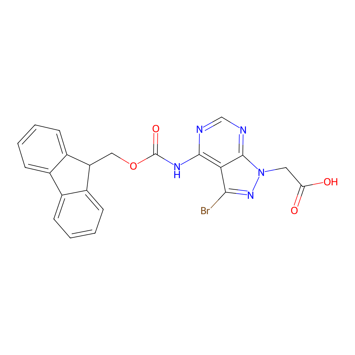 2-[3-bromo-4-({[(9H-fluoren-9-yl)methoxy]carbonyl}amino)-1H-pyrazolo[3,4-d]pyrimidin-1-yl]acetic acid molecular structure, CAS 2757925-93-0
