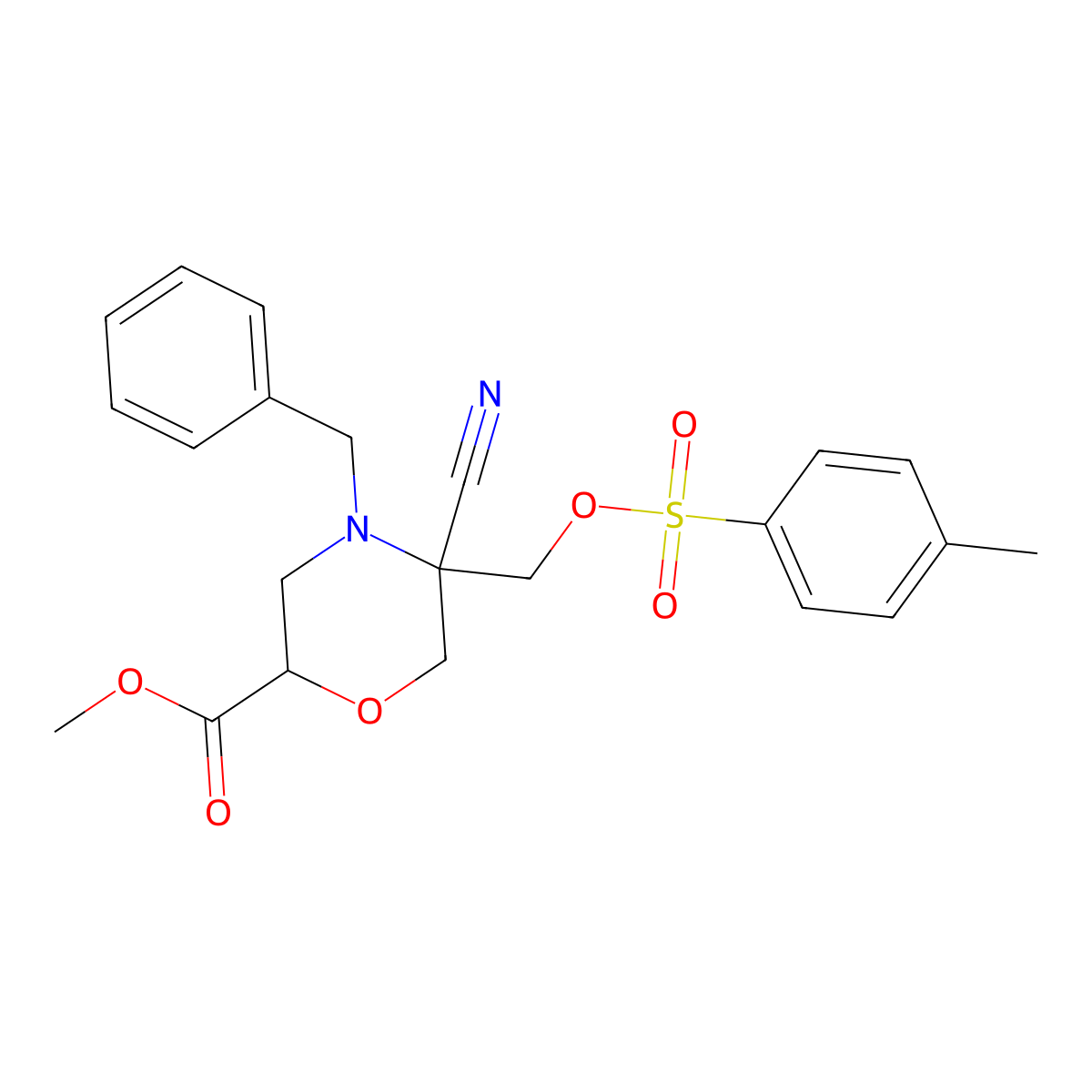 Methyl 4-benzyl-5-cyano-5-{[(4-methylbenzenesulfonyl)oxy]methyl}morpholine-2-carboxylate molecular structure, CAS 2757926-12-6