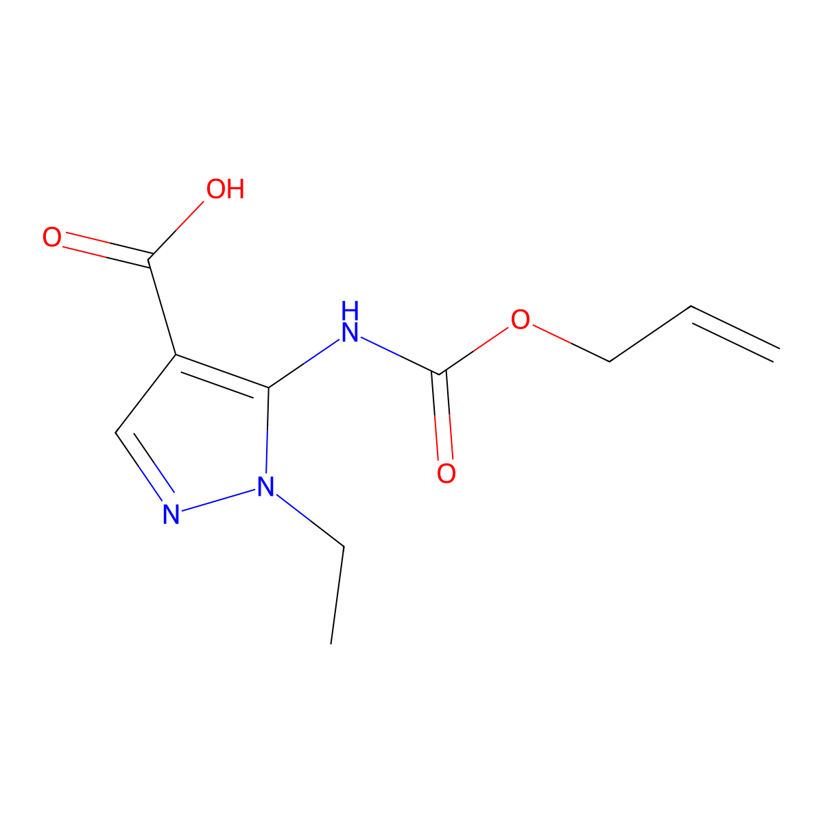 1-ethyl-5-{[(prop-2-en-1-yloxy)carbonyl]amino}-1H-pyrazole-4-carboxylic acid molecular structure, CAS 2757926-27-3