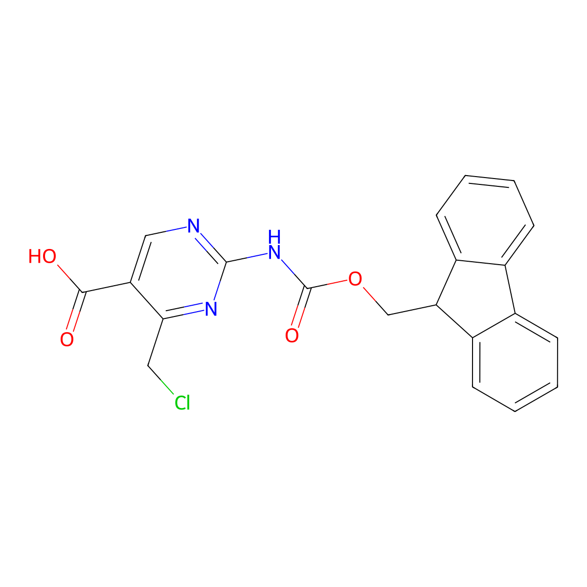 4-(chloromethyl)-2-({[(9H-fluoren-9-yl)methoxy]carbonyl}amino)pyrimidine-5-carboxylic acid molecular structure, CAS 2757929-01-2