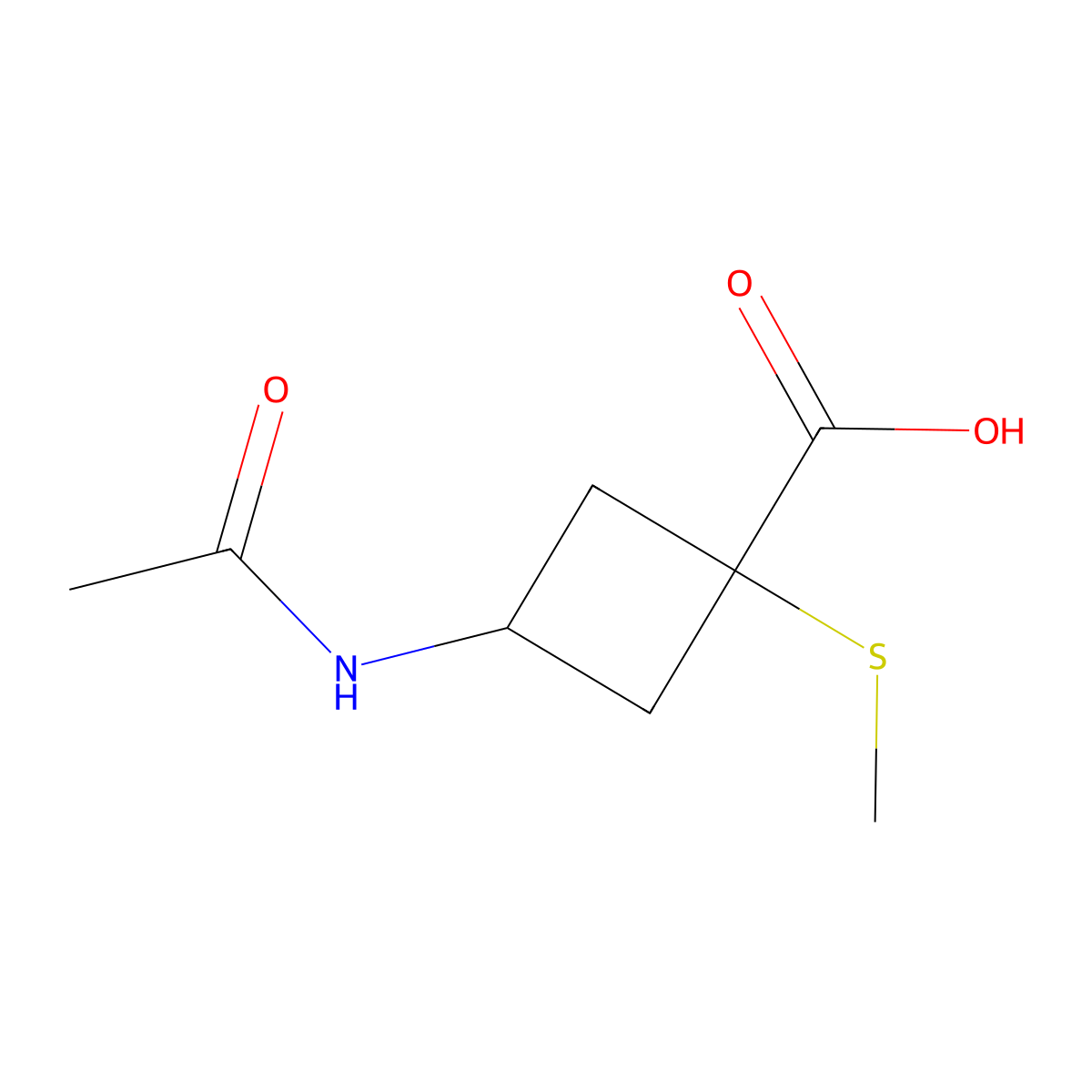3-Acetamido-1-(methylsulfanyl)cyclobutane-1-carboxylic acid molecular structure, CAS 2757951-08-7