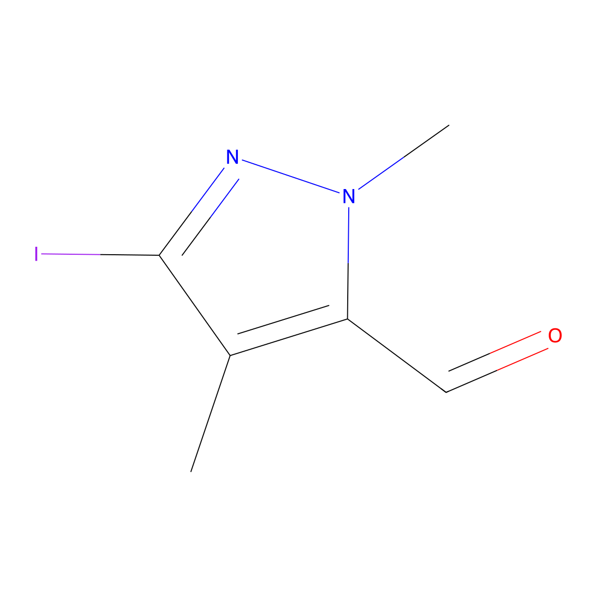 3-iodo-1,4-dimethyl-1H-pyrazole-5-carbaldehyde molecular structure, CAS 2757954-73-5