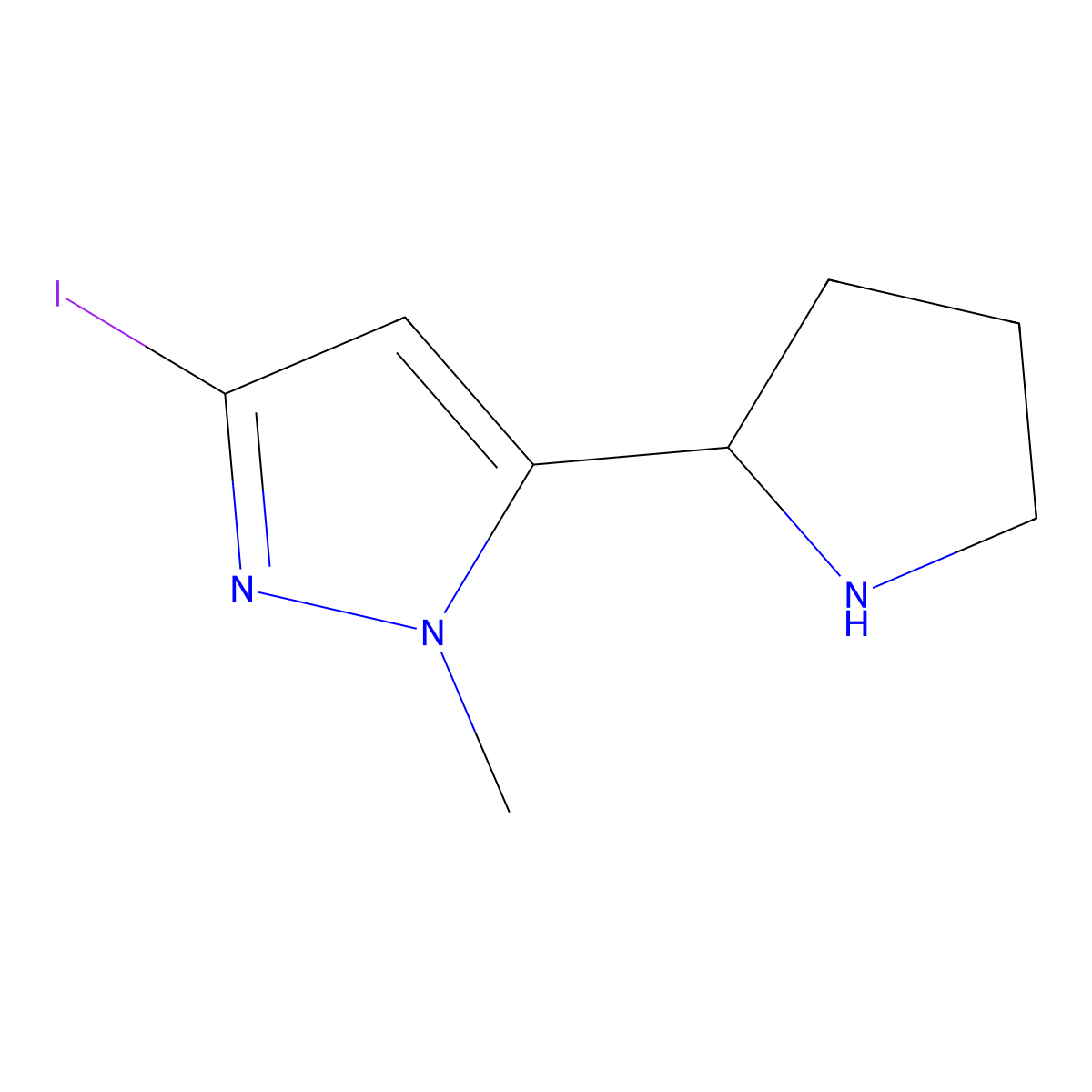 3-iodo-1-methyl-5-(pyrrolidin-2-yl)-1H-pyrazole molecular structure, CAS 2757955-55-6