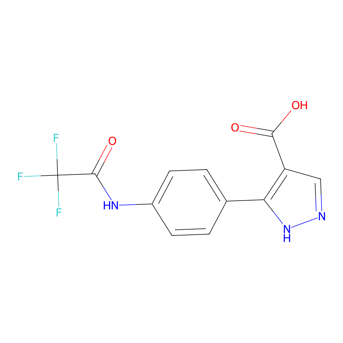 3-[4-(2,2,2-trifluoroacetamido)phenyl]-1H-pyrazole-4-carboxylic acid molecular structure, CAS 2757955-80-7