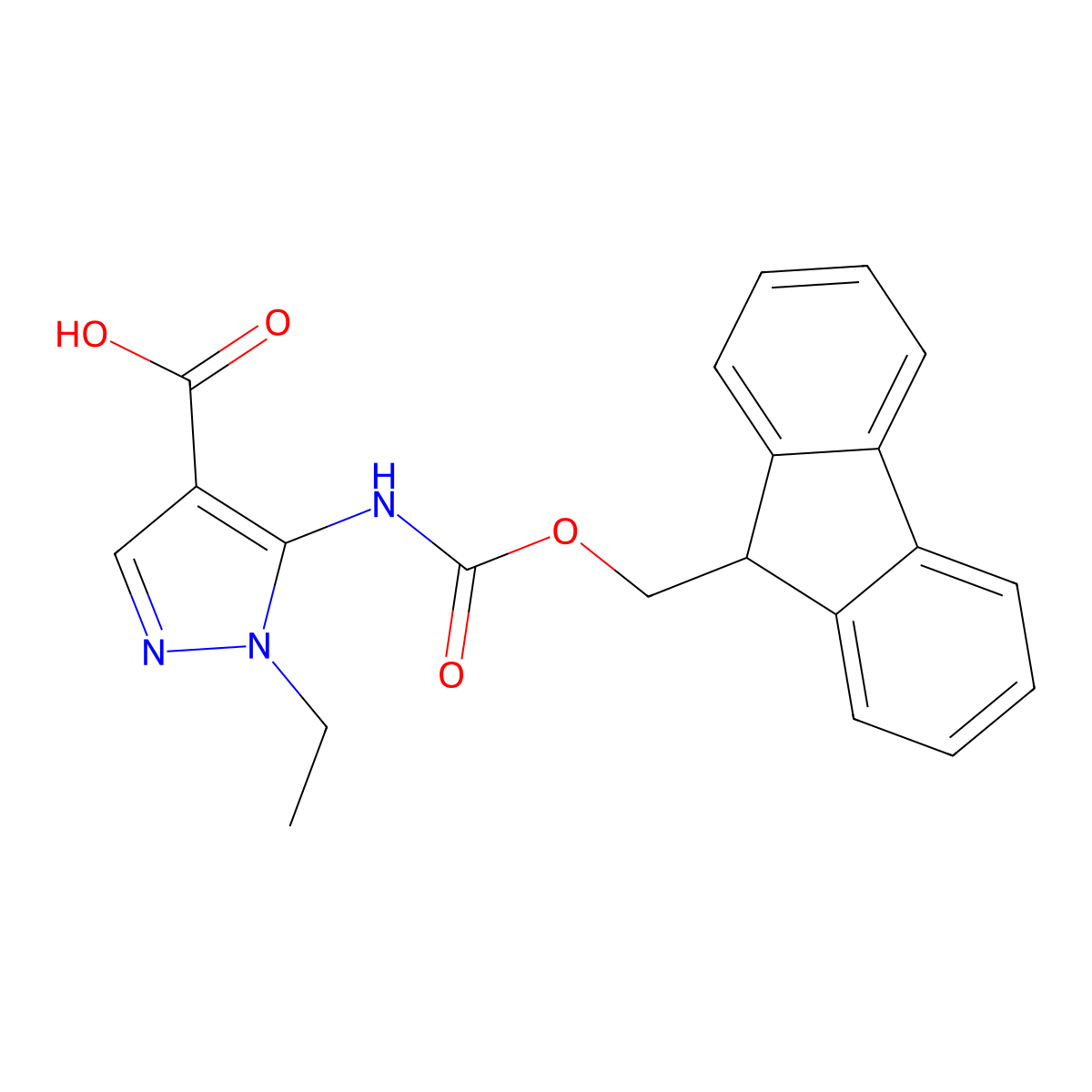 1-ethyl-5-({[(9H-fluoren-9-yl)methoxy]carbonyl}amino)-1H-pyrazole-4-carboxylic acid molecular structure, CAS 2757956-31-1