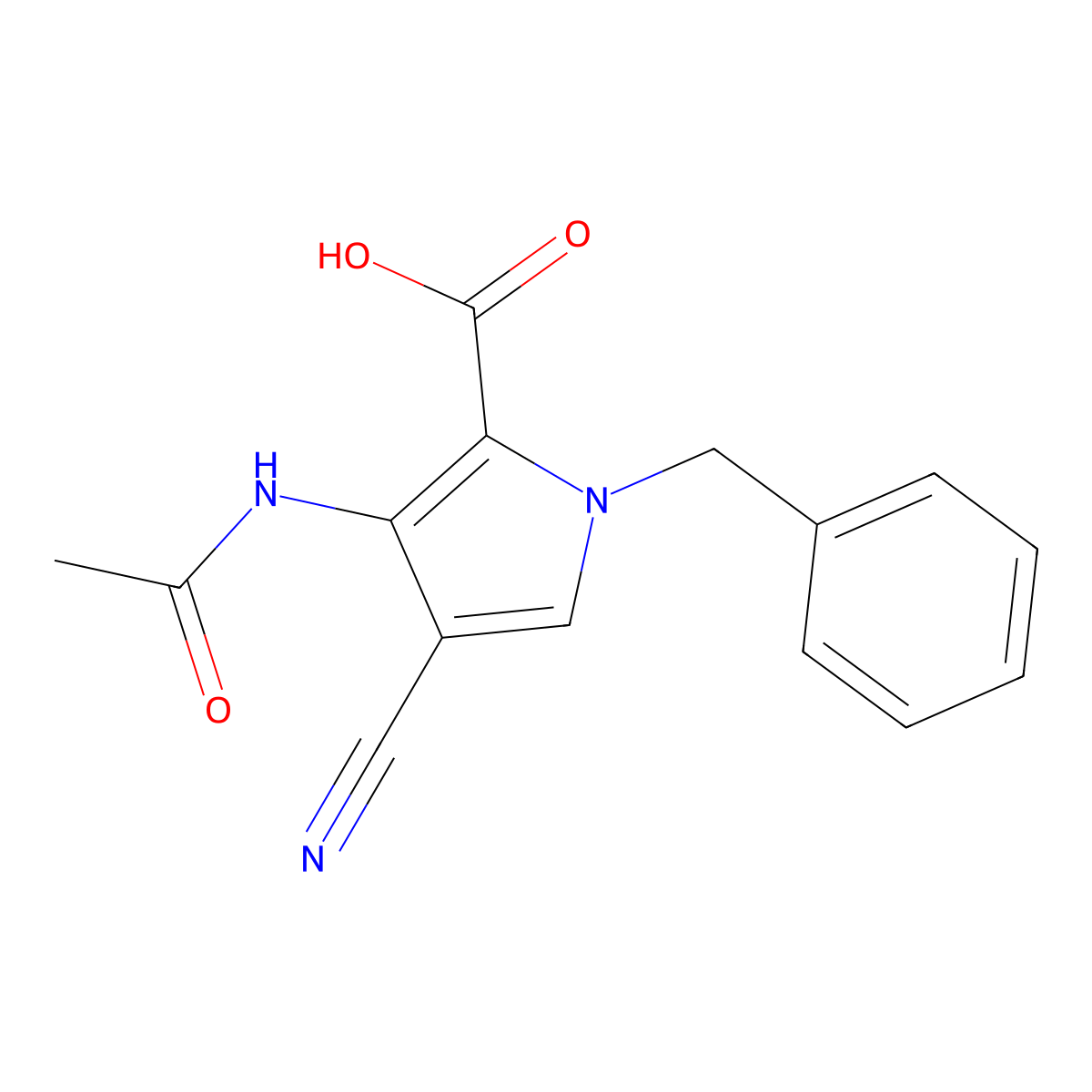 1-benzyl-4-cyano-3-acetamido-1H-pyrrole-2-carboxylic acid molecular structure, CAS 2757958-14-6
