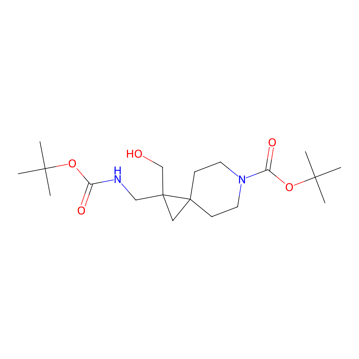Tert-butyl 1-({[(tert-butoxy)carbonyl]amino}methyl)-1-(hydroxymethyl)-6-azaspiro[2.5]octane-6-carboxylate molecular structure, CAS 2757960-05-5