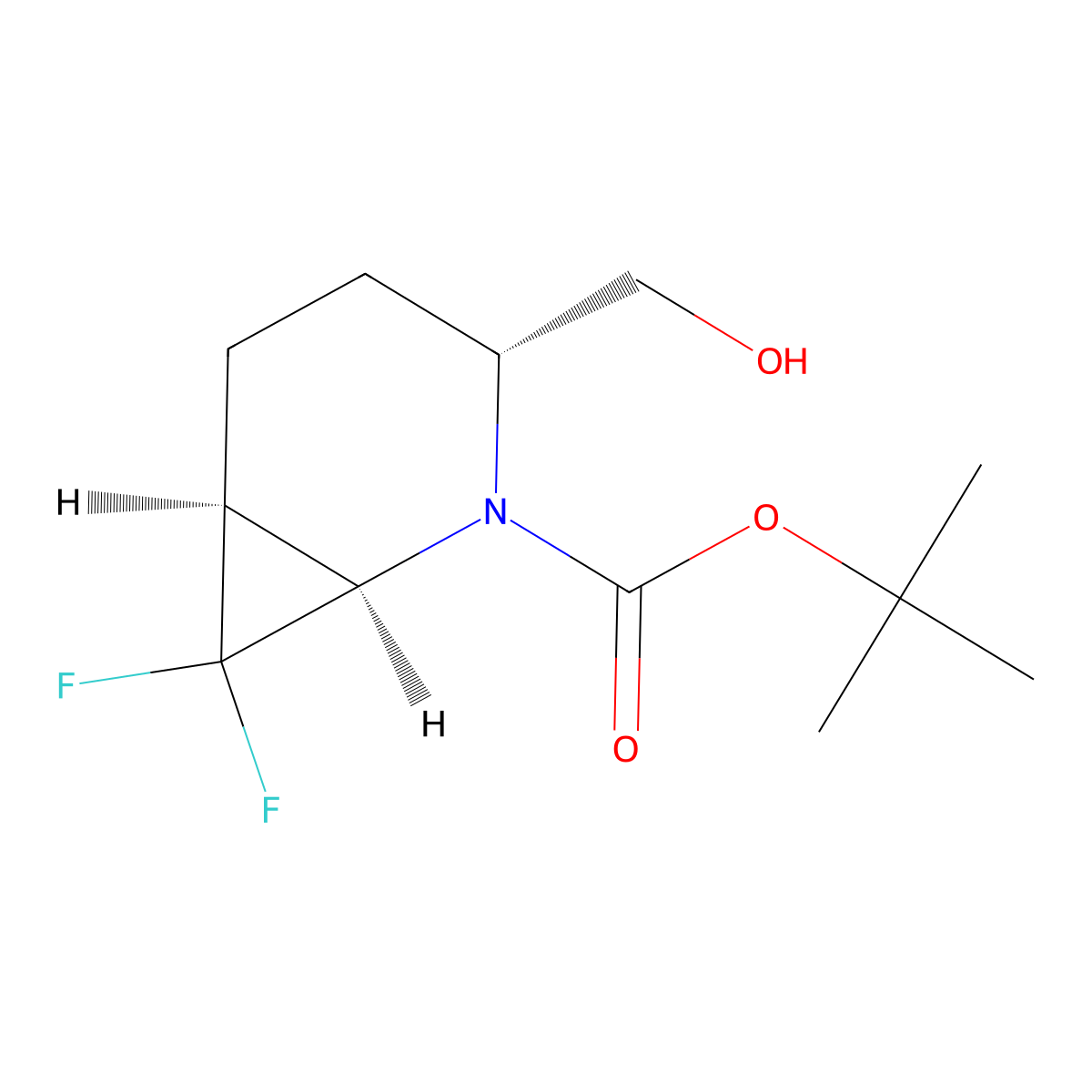 tert-butyl (1R,3R,6S)-7,7-difluoro-3-(hydroxymethyl)-2-azabicyclo[4.1.0]heptane-2-carboxylate molecular structure, CAS 2757961-77-4