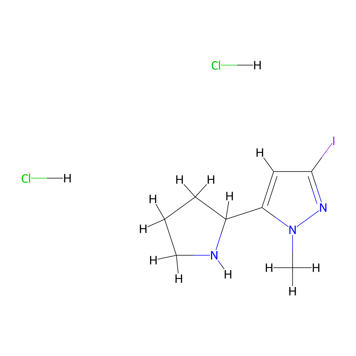 3-iodo-1-methyl-5-(pyrrolidin-2-yl)-1H-pyrazoledihydrochloride molecular structure, CAS 2758001-30-6
