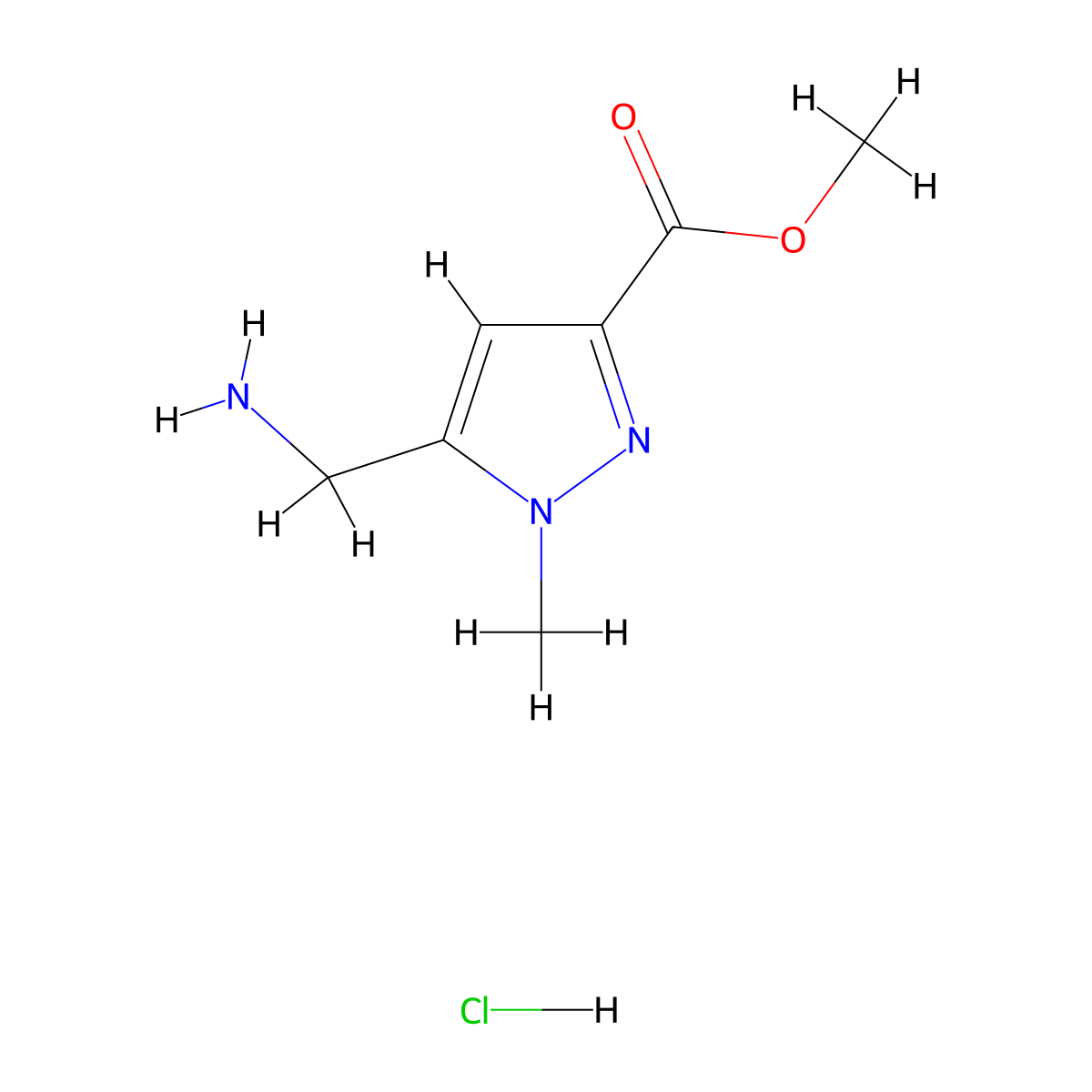 methyl 5-(aminomethyl)-1-methyl-1H-pyrazole-3-carboxylate hydrochloride molecular structure, CAS 2758001-96-4