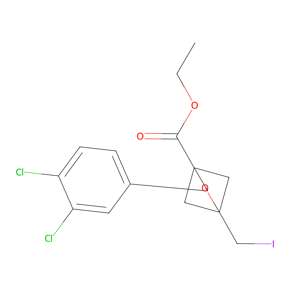 Ethyl 3-(3,4-dichlorophenyl)-1-(iodomethyl)-2-oxabicyclo[2.1.1]hexane-4-carboxylate molecular structure, CAS 2758002-01-4