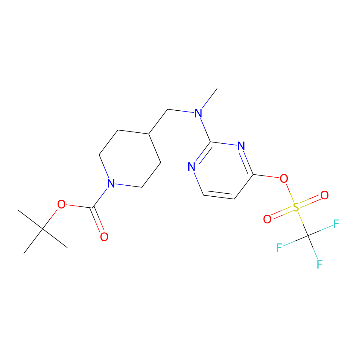 Tert-butyl 4-({methyl[4-(trifluoromethanesulfonyloxy)pyrimidin-2-yl]amino}methyl)piperidine-1-carboxylate molecular structure, CAS 2758003-87-9