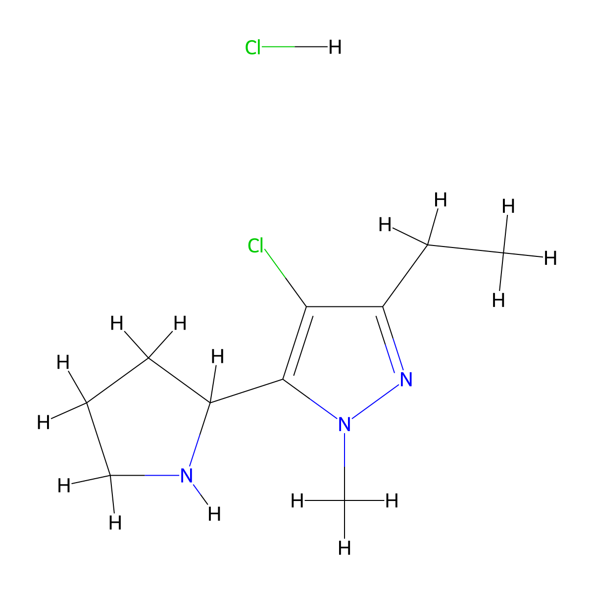 4-chloro-3-ethyl-1-methyl-5-(pyrrolidin-2-yl)-1H-pyrazole hydrochloride molecular structure, CAS 2758005-17-1