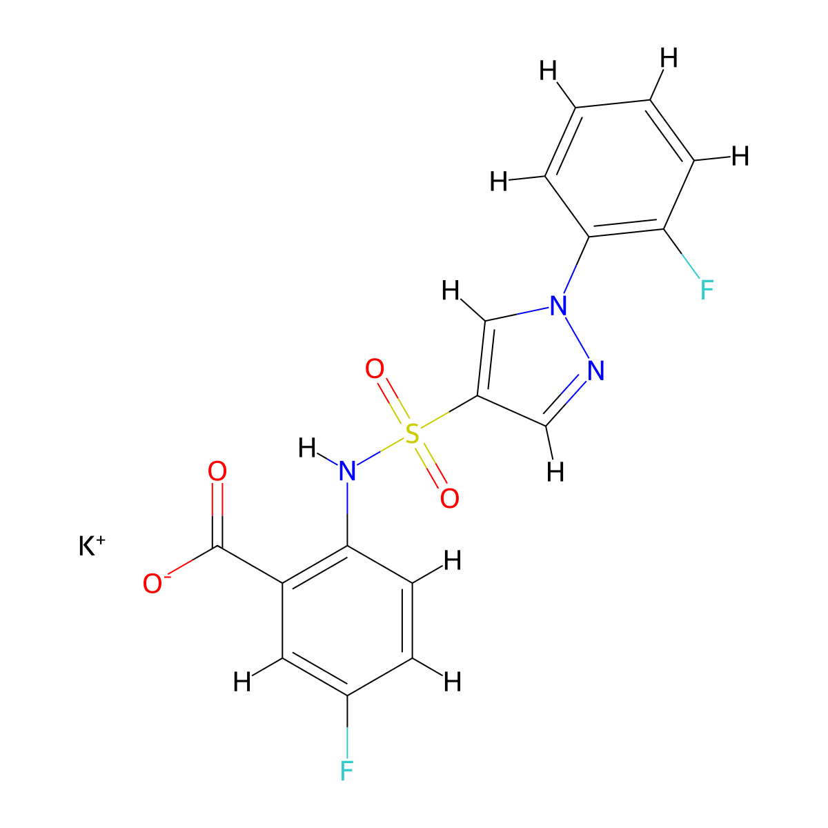 potassium 5-fluoro-2-[1-(2-fluorophenyl)-1H-pyrazole-4-sulfonamido]benzoate molecular structure, CAS 2758005-30-8