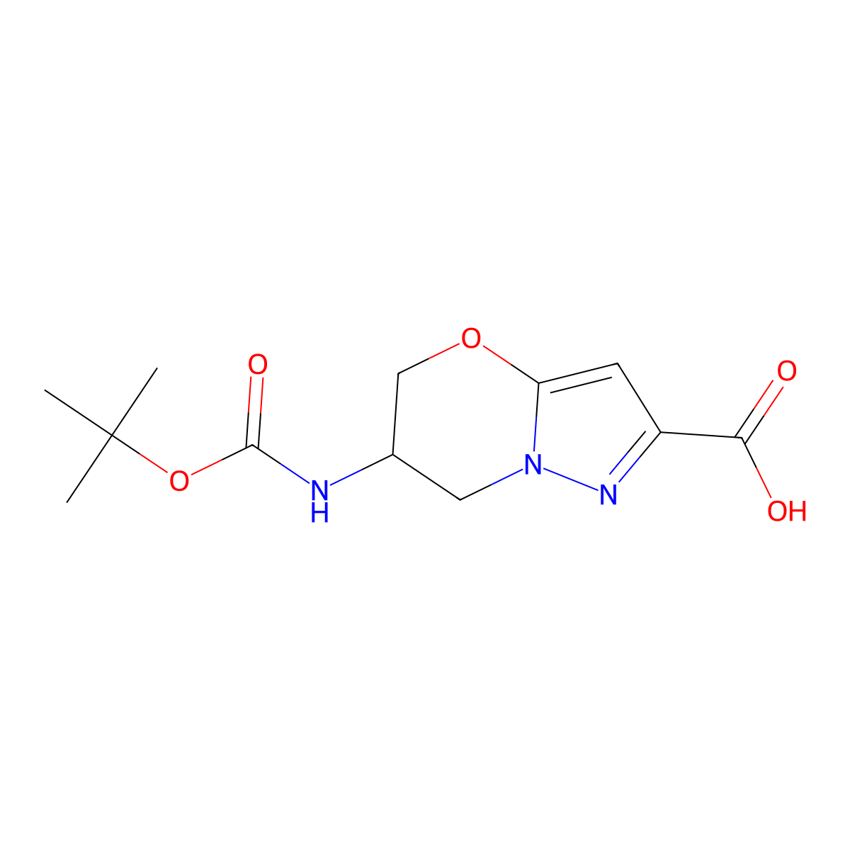 6-(((tert-butoxy)carbonyl)amino)-5H,6H,7H-pyrazolo(3,2-b)(1,3)oxazine-2-carboxylic acid molecular structure, CAS 2758005-36-4