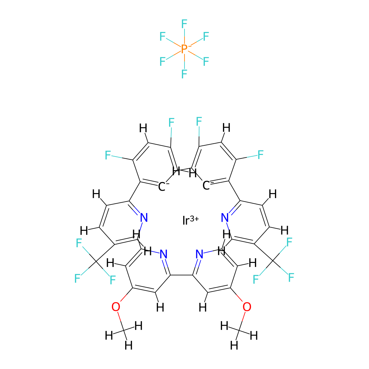 Iridium-(4,4'-dimethoxy-2,2'-bipyridine-κN1,κN1')bis[3,5-difluoro-2-(5-trifluoromethyl-2-pyridinyl-κN)phenyl-κC]-hexafluorophosphate molecular structure, CAS 2758300-86-4