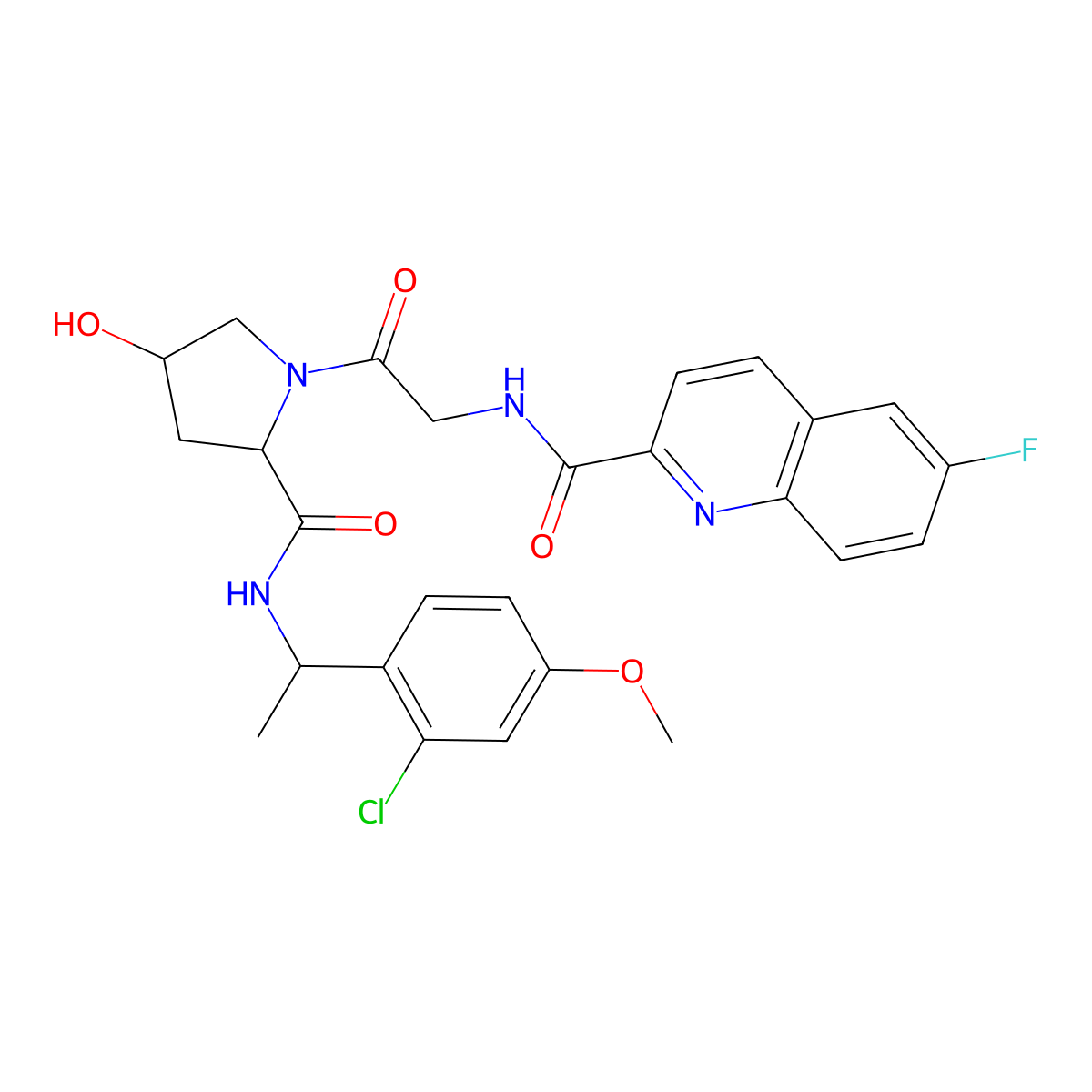 N-(2-((2S,4R)-2-(((S)-1-(2-Chloro-4-methoxyphenyl)ethyl)carbamoyl)-4-hydroxypyrrolidin-1-yl)-2-oxoethyl)-6-fluoroquinoline-2-carboxamide molecular structure, CAS 2758364-02-0