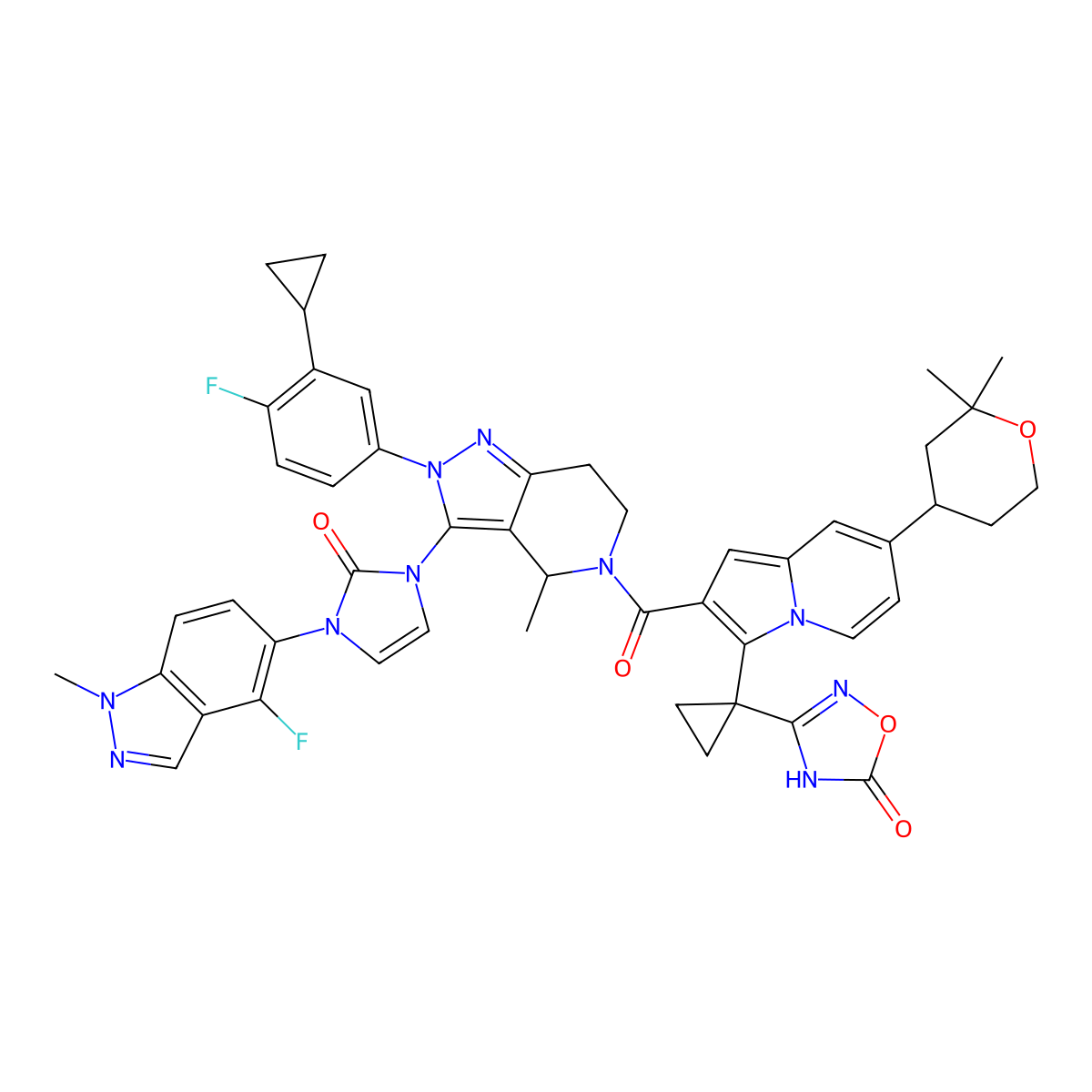 3-(1-(2-((S)-2-(3-Cyclopropyl-4-fluorophenyl)-3-(3-(4-fluoro-1-methyl-1H-indazol-5-yl)-2-oxo-2,3-dihydro-1H-imidazol-1-yl)-4-methyl-4,5,6,7-tetrahydro-2H-pyrazolo[4,3-c]pyridine-5-carbonyl)-7-(2,2-dimethyltetrahydro-2H-pyran-4-yl)indolizin-3-yl)cyclopropyl)-1,2,4-oxadiazol-5(4H)-one molecular structure, CAS 2758659-09-3