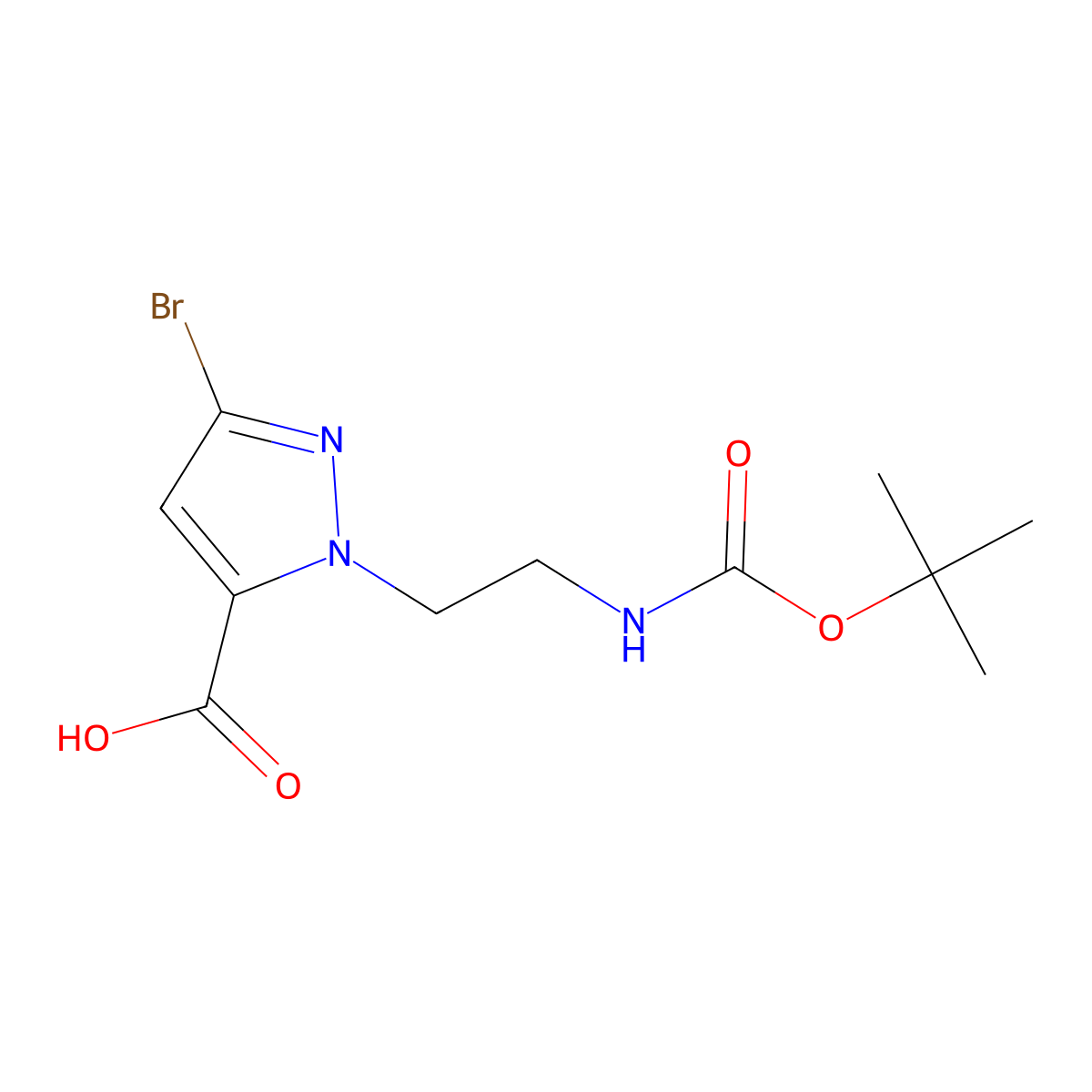 3-bromo-1-(2-((tert-butoxycarbonyl)amino)ethyl)-1H-pyrazole-5-carboxylic acid molecular structure, CAS 2758660-51-2
