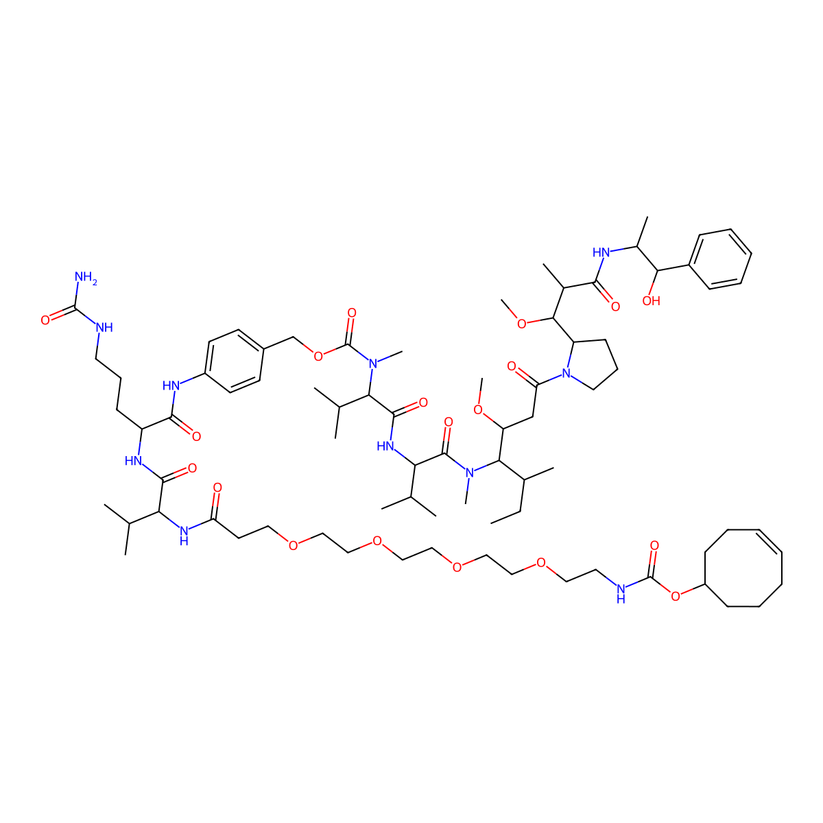 [4-[[5-(carbamoylamino)-2-[[2-[3-[2-[2-[2-[2-(cyclooct-4-en-1-yloxycarbonylamino)ethoxy]ethoxy]ethoxy]ethoxy]propanoylamino]-3-methylbutanoyl]amino]pentanoyl]amino]phenyl]methyl N-[1-[[1-[[1-[2-[3-[(1-hydroxy-1-phenylpropan-2-yl)amino]-1-methoxy-2-methyl-3-oxopropyl]pyrrolidin-1-yl]-3-methoxy-5-methyl-1-oxoheptan-4-yl]-methylamino]-3-methyl-1-oxobutan-2-yl]amino]-3-methyl-1-oxobutan-2-yl]-N-methylcarbamate molecular structure, CAS 2758671-45-1
