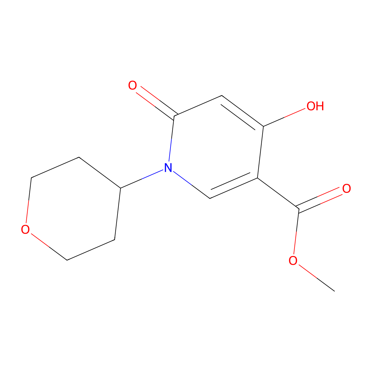Methyl 4-hydroxy-1-(oxan-4-yl)-6-oxo-1,6-dihydropyridine-3-carboxylate molecular structure, CAS 2758690-52-5