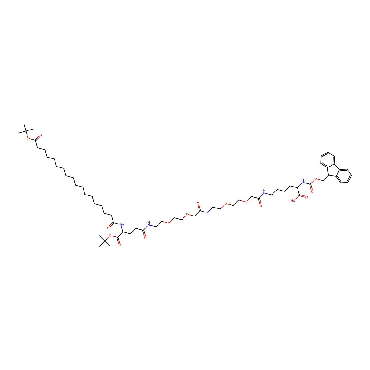 50-((((9H-Fluoren-9-yl)methoxy)carbonyl)amino)-23-(tert-butoxycarbonyl)-2,2-dimethyl-4,21,26,35,44-pentaoxo-3,30,33,39,42-pentaoxa-22,27,36,45-tetraazahenpentacontan-51-oic acid molecular structure, CAS 2759133-50-9