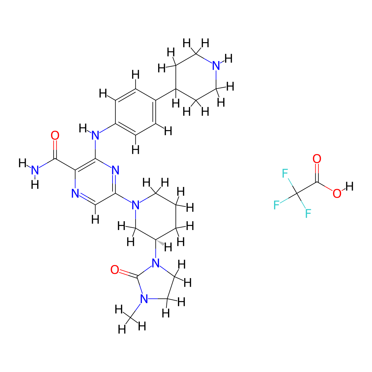 (R)-5-(3-(3-Methyl-2-oxoimidazolidin-1-YL)piperidin-1-YL)-3-((4-(piperidin-4-YL)phenyl)amino)pyrazine-2-carboxamide 2,2,2-trifluoroacetate molecular structure, CAS 2759180-06-6