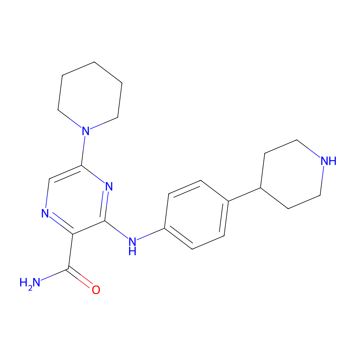 5-(Piperidin-1-yl)-3-((4-(piperidin-4-yl)phenyl)amino)pyrazine-2-carboxamide molecular structure, CAS 2759182-32-4