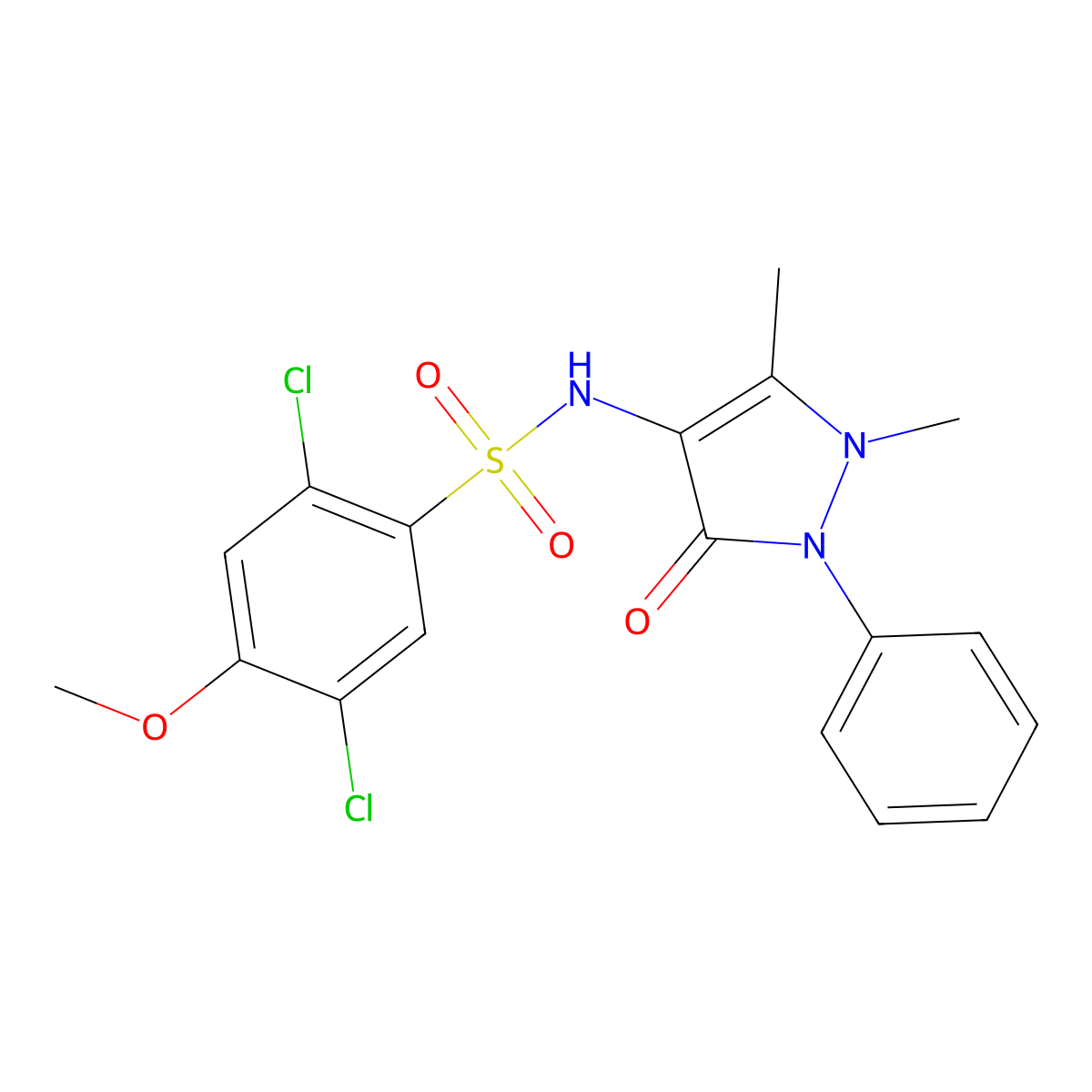 2,5-dichloro-N-(1,5-dimethyl-3-oxo-2-phenyl-2,3-dihydro-1H-pyrazol-4-yl)-4-methoxybenzene-1-sulfonamide molecular structure, CAS 2759370-85-7