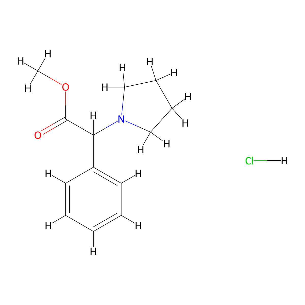 Methyl 2-phenyl-2-(pyrrolidin-1-yl)acetate hydrochloride molecular structure, CAS 27594-60-1