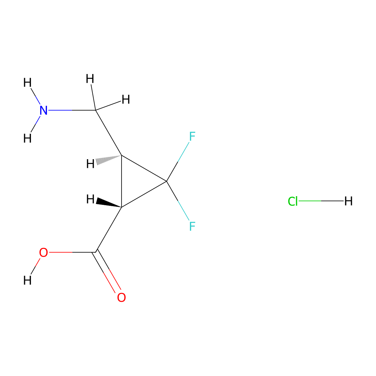 rac-(1R,3R)-3-(aminomethyl)-2,2-difluorocyclopropane-1-carboxylic acid hydrochloride, trans molecular structure, CAS 2759482-07-8