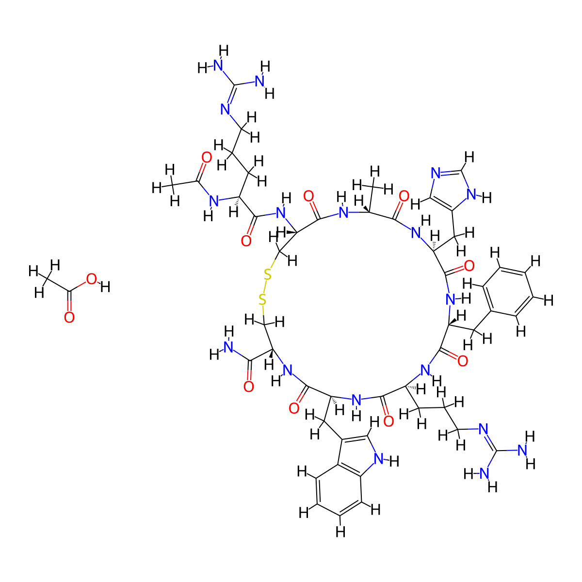 (4R,7S,10S,13R,16S,19R,22R)-16-((1H-Imidazol-5-yl)methyl)-7-((1H-indol-3-yl)methyl)-22-((S)-2-acetamido-5-guanidinopentanamido)-13-benzyl-10-(3-guanidinopropyl)-19-methyl-6,9,12,15,18,21-hexaoxo-1,2-dithia-5,8,11,14,17,20-hexaazacyclotricosane-4-carboxamide acetate molecular structure, CAS 2759937-80-7