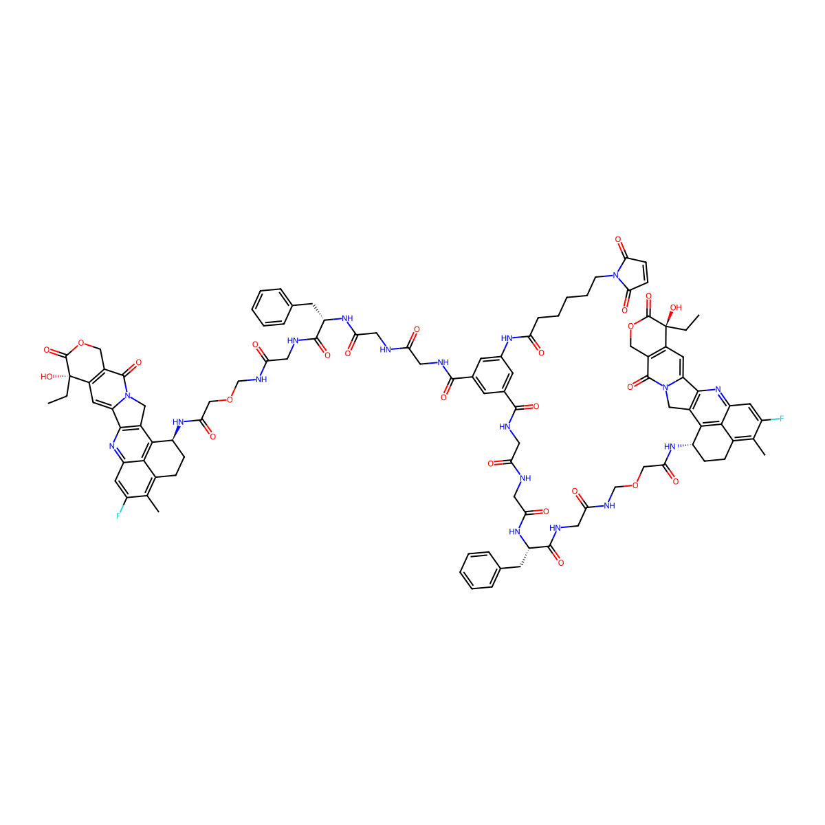 5-[6-(2,5-dioxopyrrol-1-yl)hexanoylamino]-1-N,3-N-bis[2-[[2-[[(2S)-1-[[2-[[2-[[(10S,23S)-10-ethyl-18-fluoro-10-hydroxy-19-methyl-5,9-dioxo-8-oxa-4,15-diazahexacyclo[14.7.1.02,14.04,13.06,11.020,24]tetracosa-1,6(11),12,14,16,18,20(24)-heptaen-23-yl]amino]-2-oxoethoxy]methylamino]-2-oxoethyl]amino]-1-oxo-3-phenylpropan-2-yl]amino]-2-oxoethyl]amino]-2-oxoethyl]benzene-1,3-dicarboxamide molecular structure, CAS 2760408-63-5