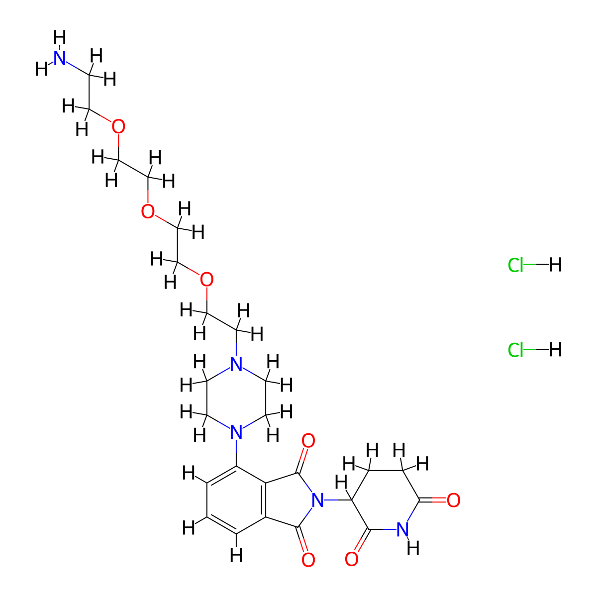 4-[4-(2-{2-[2-(2-aminoethoxy)ethoxy]ethoxy}ethyl)piperazin-1-yl]-2-(2,6-dioxopiperidin-3-yl)-2,3-dihydro-1H-isoindole-1,3-dione dihydrochloride molecular structure, CAS 2761385-87-7