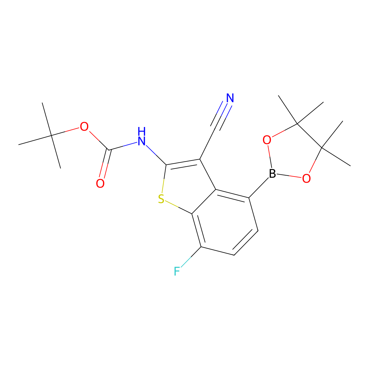 Tert-butyl (3-cyano-7-fluoro-4-(4,4,5,5-tetramethyl-1,3,2-dioxaborolan-2-YL)benzo[B]thiophen-2-YL)carbamate molecular structure, CAS 2761968-90-3