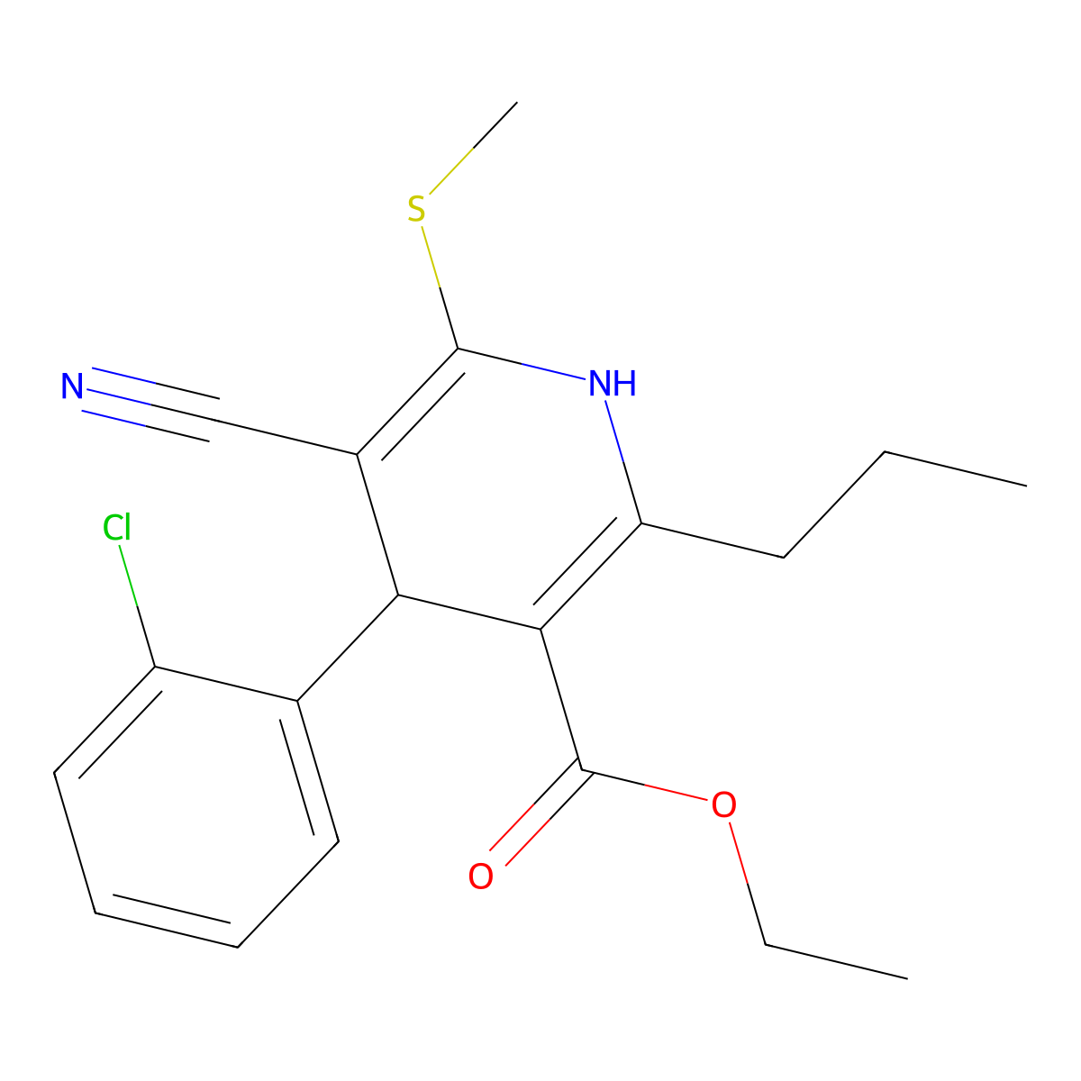 Ethyl 4-(2-chlorophenyl)-5-cyano-6-(methylsulfanyl)-2-propyl-1,4-dihydropyridine-3-carboxylate molecular structure, CAS 276253-86-2