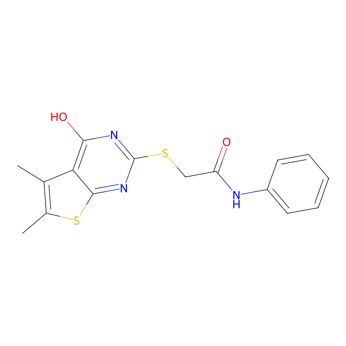 2-[(5,6-dimethyl-4-oxo-3H-thieno[2,3-d]pyrimidin-2-yl)sulfanyl]-N-phenylacetamide molecular structure, CAS 276255-48-2