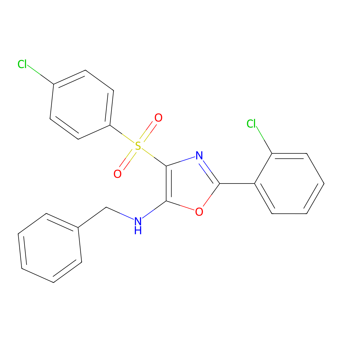 N-benzyl-2-(2-chlorophenyl)-4-(4-chlorophenyl)sulfonyl-1,3-oxazol-5-amine molecular structure, CAS 276263-63-9