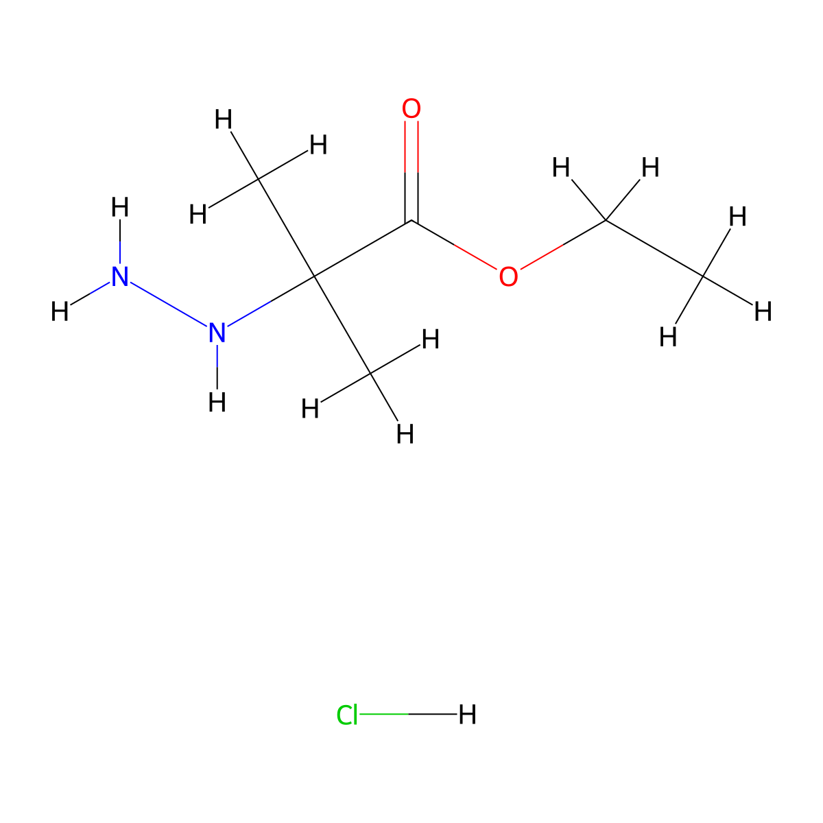 Ethyl 2-hydrazino-2-methylpropanoate hydrochloride molecular structure, CAS 2762946-23-4