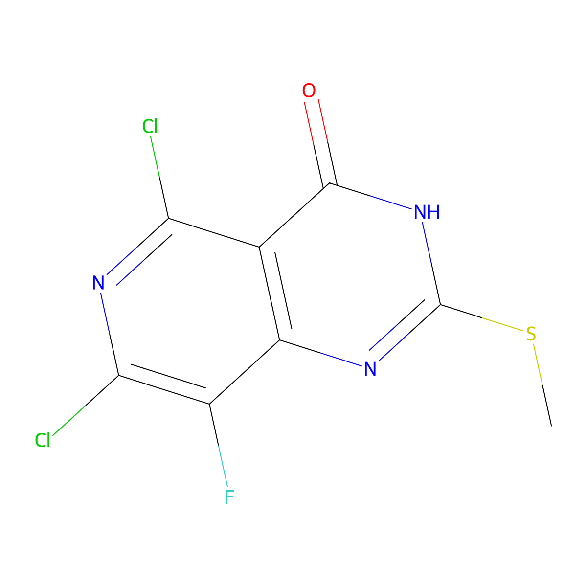 5,7-dichloro-8-fluoro-2-methylsulfanyl-1H-pyrido[4,3-d]pyrimidin-4-one molecular structure, CAS 2763157-90-8