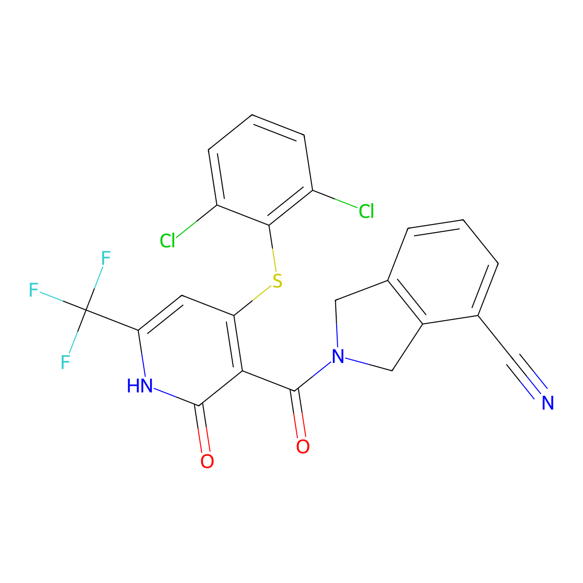 2-(4-((2,6-Dichlorophenyl)thio)-2-oxo-6-(trifluoromethyl)-1,2-dihydropyridine-3-carbonyl)isoindoline-4-carbonitrile molecular structure, CAS 2763260-39-3