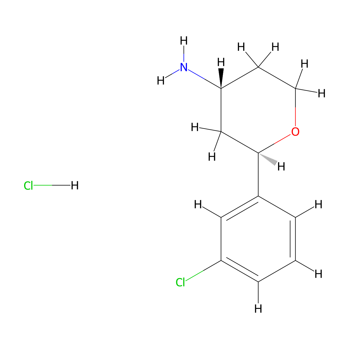 rac-(2R,4R)-2-(3-chlorophenyl)oxan-4-aminehydrochloride,trans molecular structure, CAS 2763584-30-9