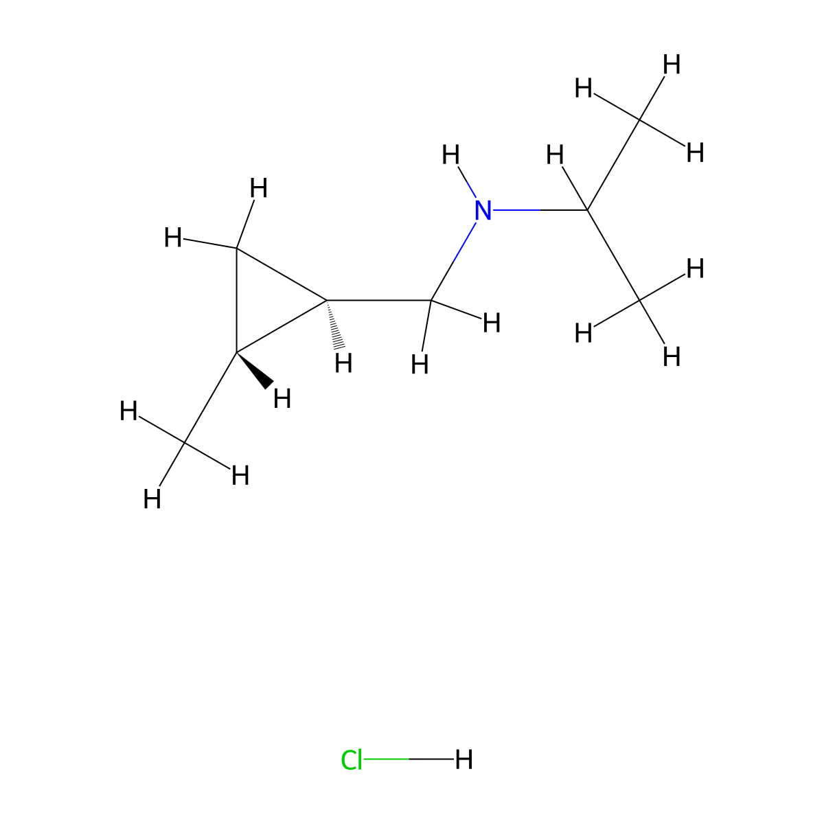 rac-{[(1R,2R)-2-methylcyclopropyl]methyl}(propan-2-yl)amine hydrochloride, trans molecular structure, CAS 2763584-59-2