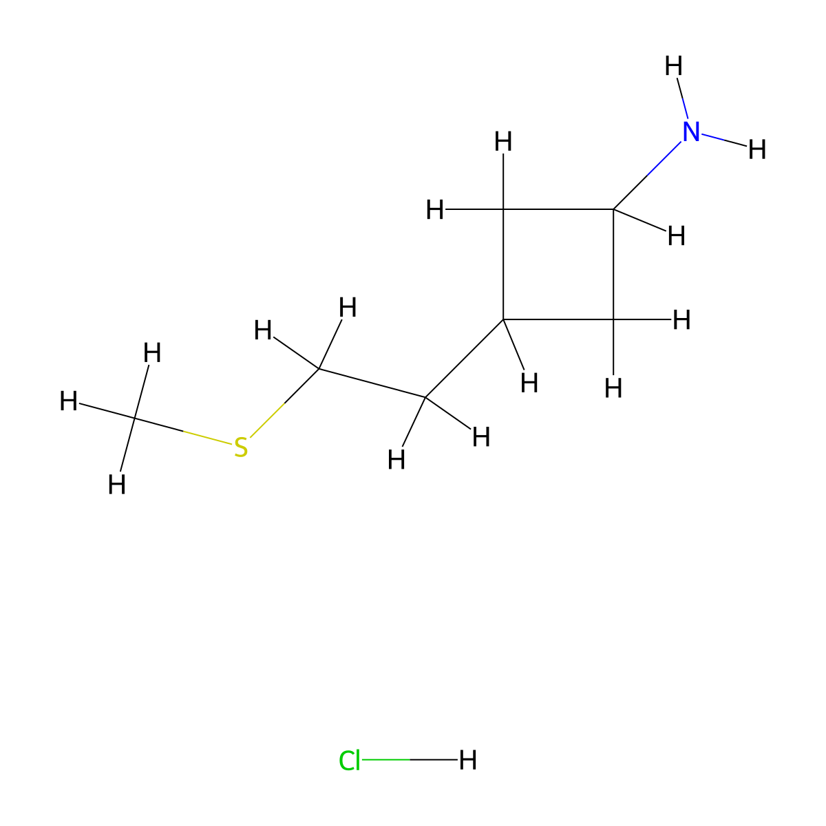 (1r,3r)-3-[2-(Methylsulfanyl)ethyl]cyclobutan-1-amine hydrochloride, trans molecular structure, CAS 2763740-80-1