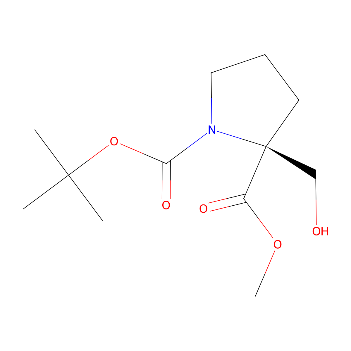 1-tert-butyl 2-methyl (2S)-2-(hydroxymethyl)pyrrolidine-1,2-dicarboxylate molecular structure, CAS 2763741-27-9