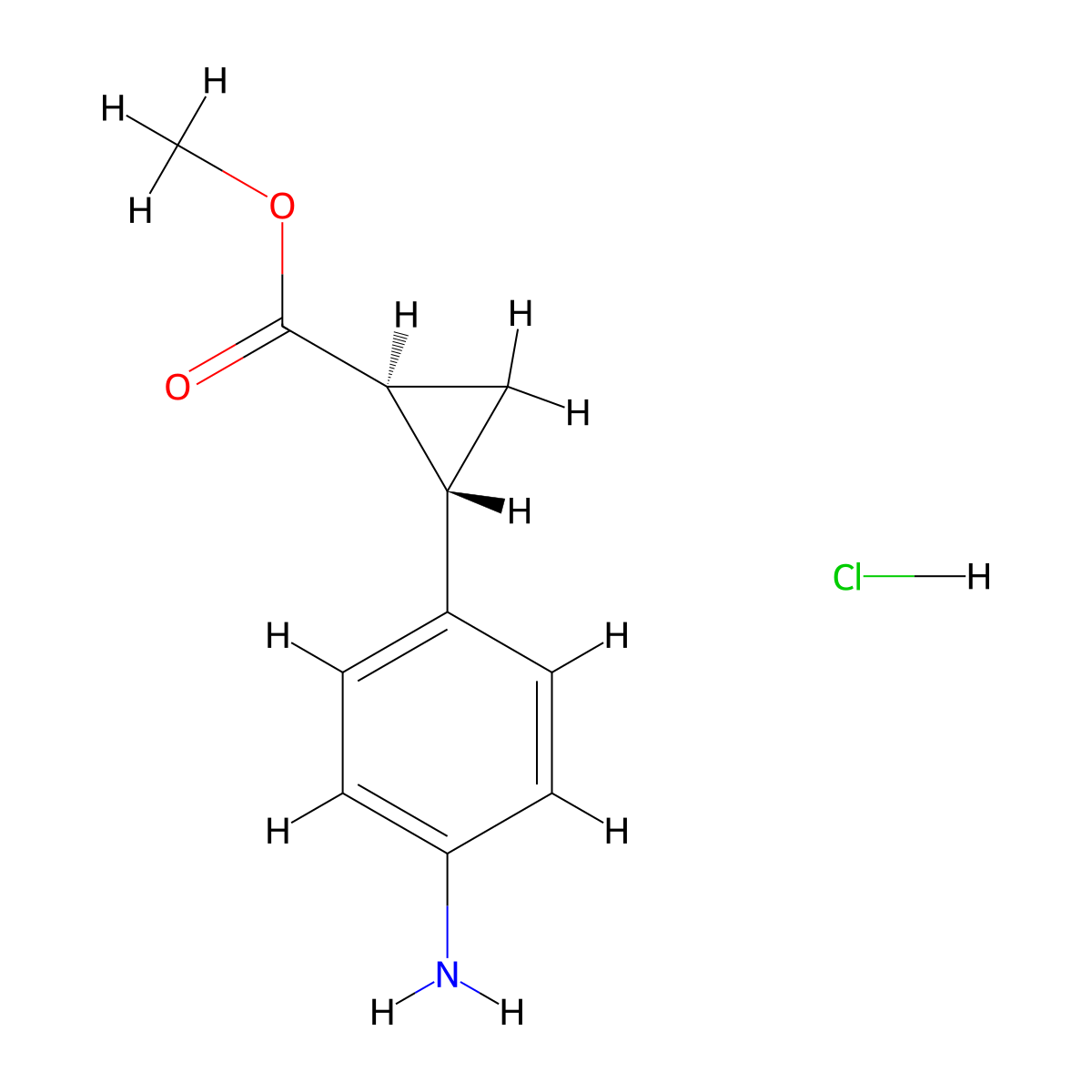 methyl (1S,2S)-2-(4-aminophenyl)cyclopropane-1-carboxylate hydrochloride molecular structure, CAS 2763741-46-2
