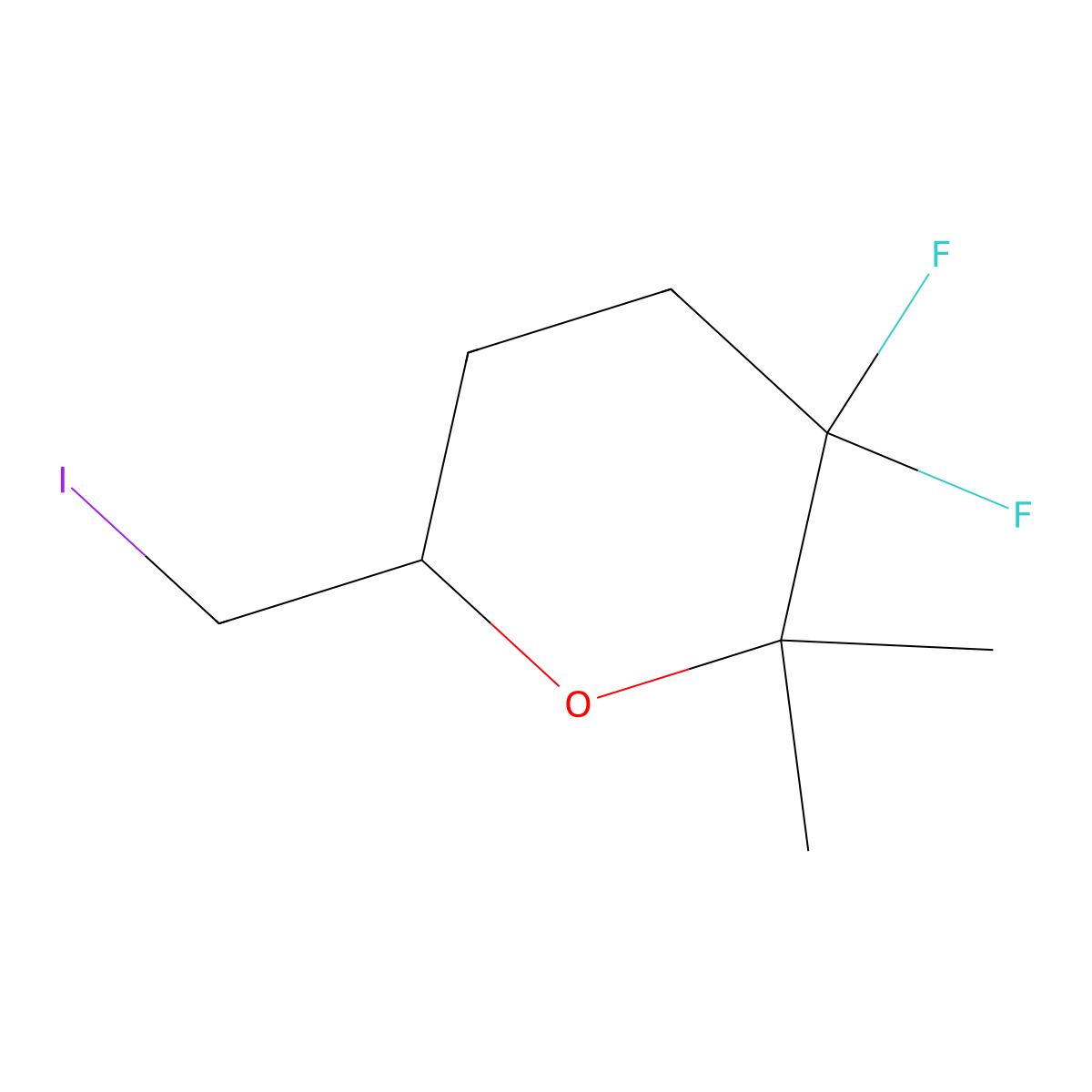 3,3-Difluoro-6-(iodomethyl)-2,2-dimethyloxane molecular structure, CAS 2763749-32-0