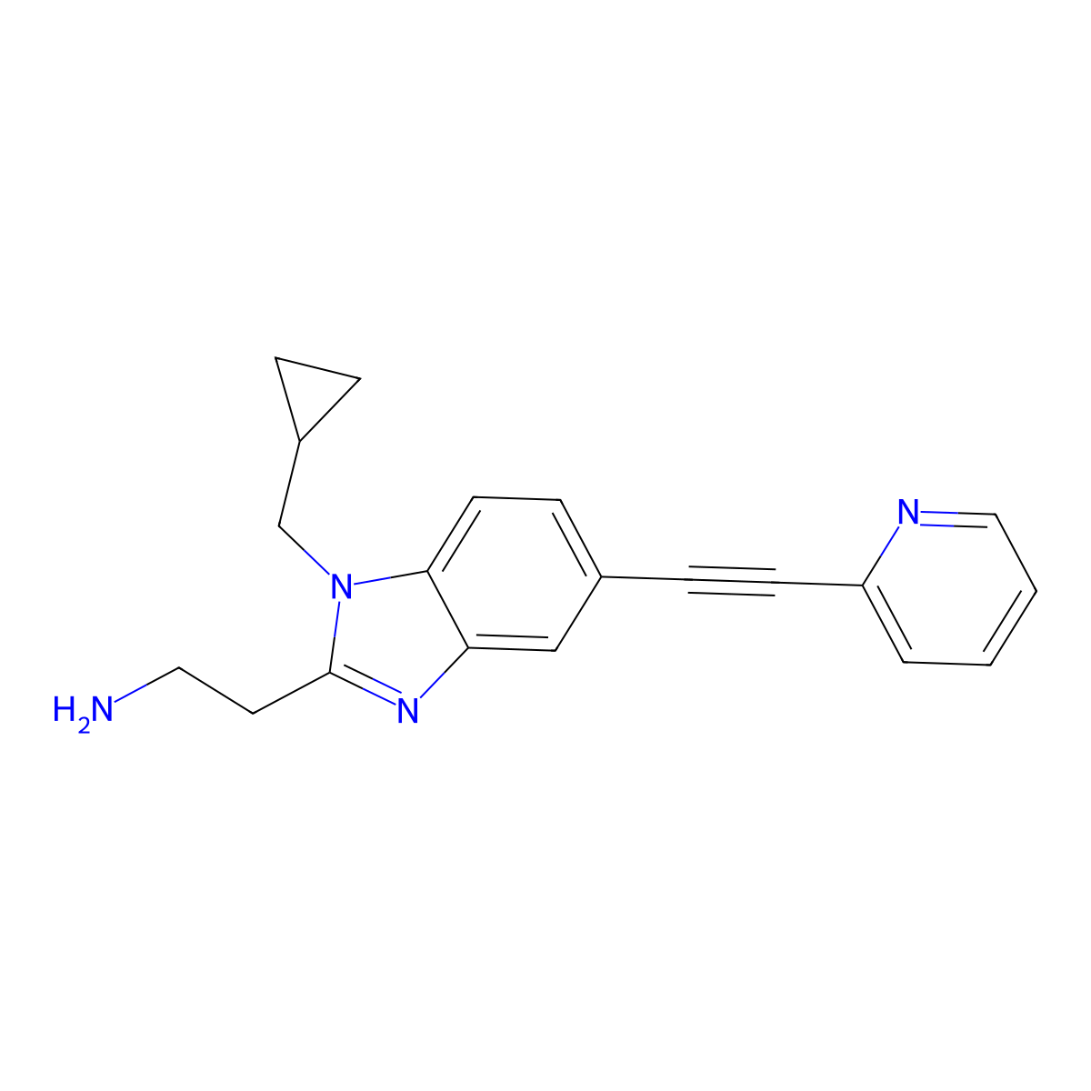 2-[1-(cyclopropylmethyl)-5-[2-(pyridin-2-yl)ethynyl]-1H-1,3-benzodiazol-2-yl]ethan-1-amine molecular structure, CAS 2763749-49-9
